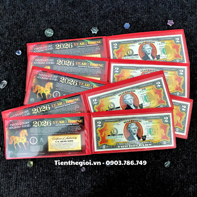Combo 5 Tiền 2 USD Hình Con Ngựa Mạ Vàng 2026